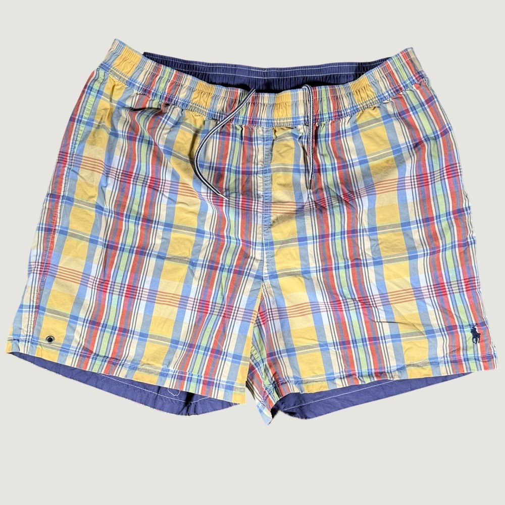 Polo Ralph Lauren Reversible Swim Trunks XL Plaid Navy Blue Cotton Shorts Mens